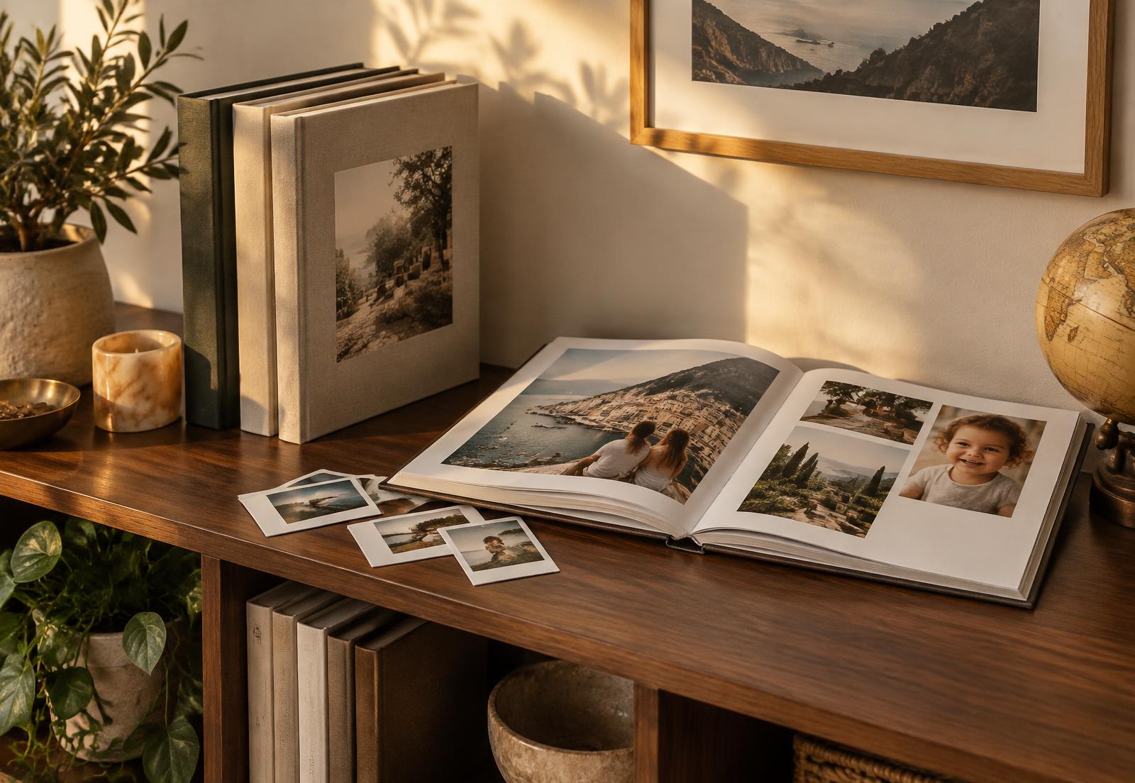 Photo albums on a warm wooden shelf