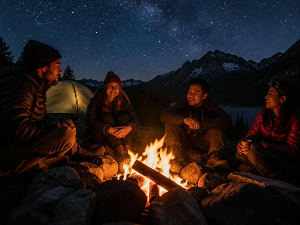 Amici intorno a un falò sotto le stelle